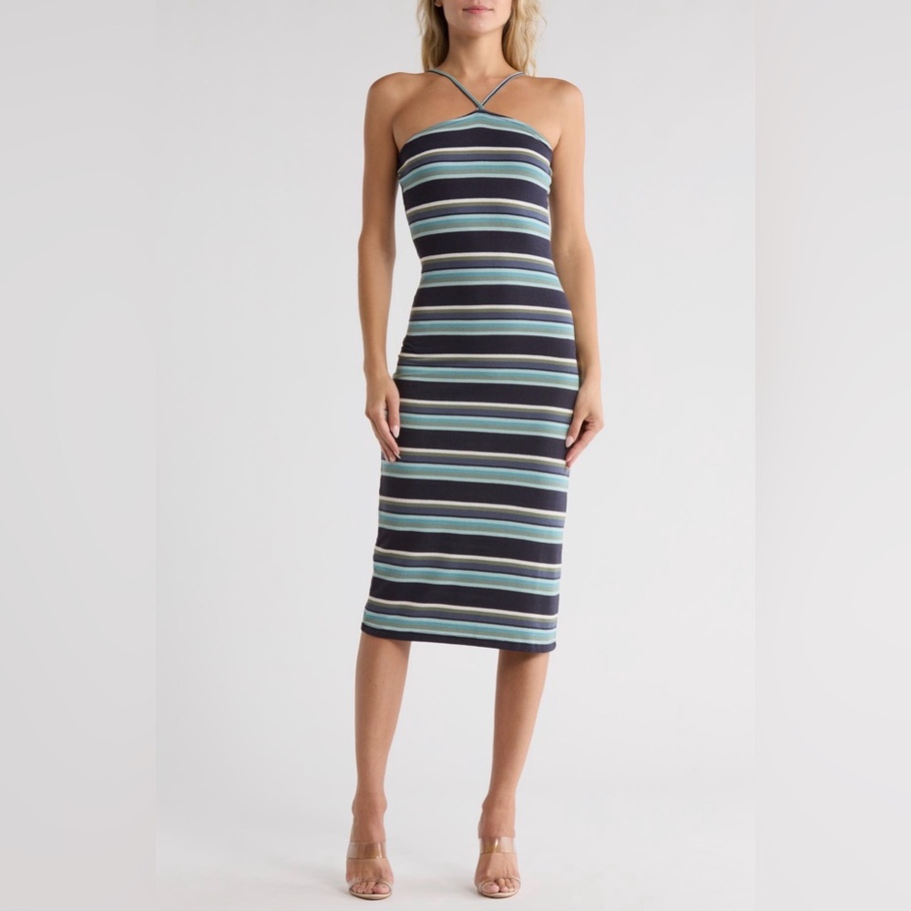 Amuse Society Blue Striped Beach Crush Knit Tank Midi Dress